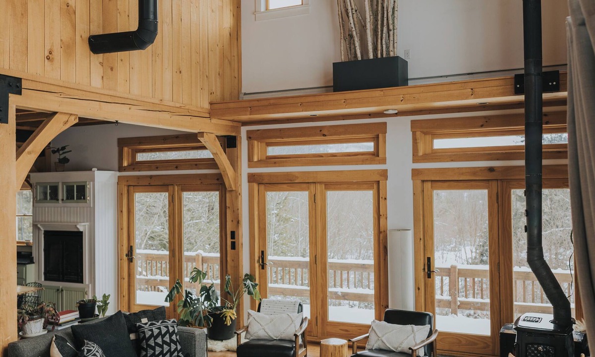 Morrisville House | Modern Post & Beam near Stowe Village with Mountain Views and Private Waterfall
