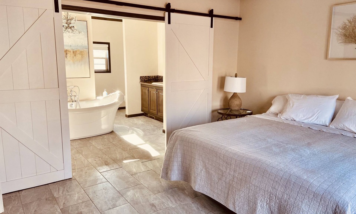 Galloway House | New Design Farmhouse for couple getaway large deck soaking tub w shower