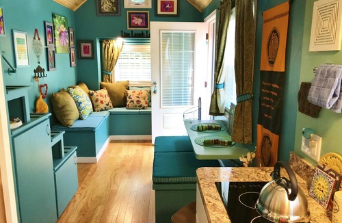 Winchester House | Peaceful Secret Gardens Tiny Home - loft & stairs lead to a Queen Size Bed