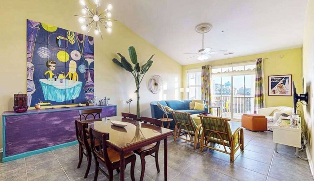 Fountain-view 4th-floor condo with 3 private beaches, pools, gym, balcony, W/D