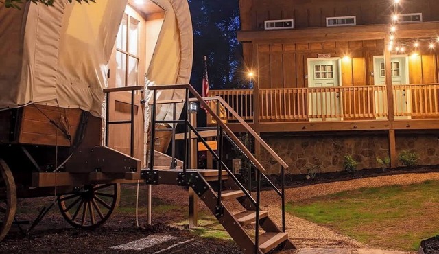Pioneer luxury glamping wagon by the Ocoee