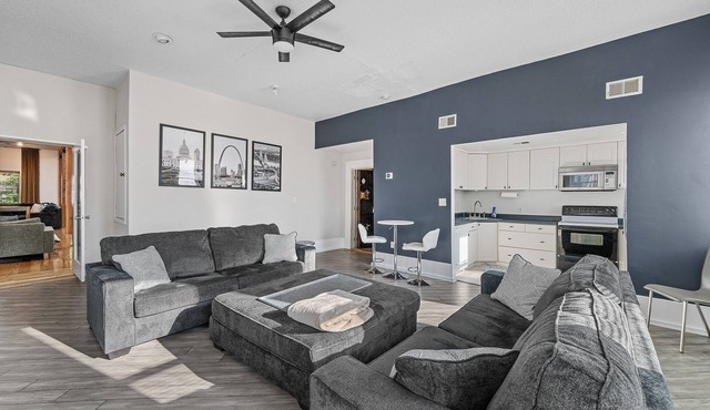 Stylish Private 1BR Retreat - Firepit, Walk-In Closet + Laundry, 12-Ft Ceilings